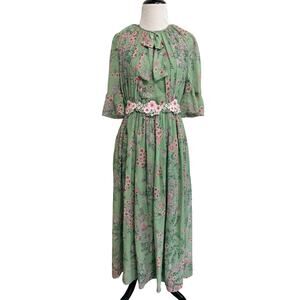 Giambattista Valli Paris Silk Dress IT 44/US 8 Green Pink Floral Ruffle Cottage